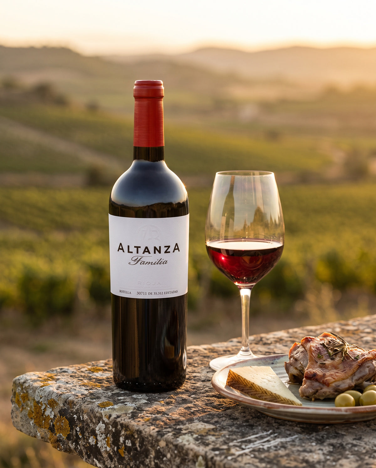 Altanza Familia on a stone table in Rioja at sunset with roast lamb and cured cheese