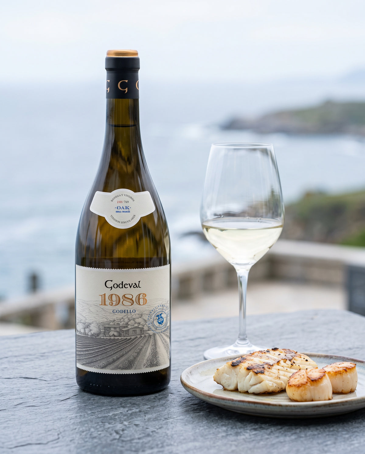Godeval 1986 Godello on a Galician coastal terrace with grilled turbot and scallops