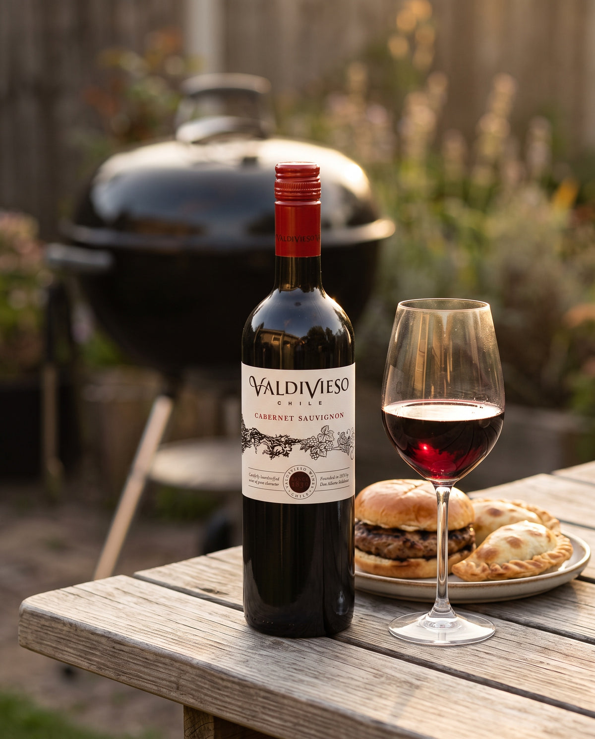 Valdivieso Clasico Cabernet Sauvignon at a backyard grill with burgers and empanadas