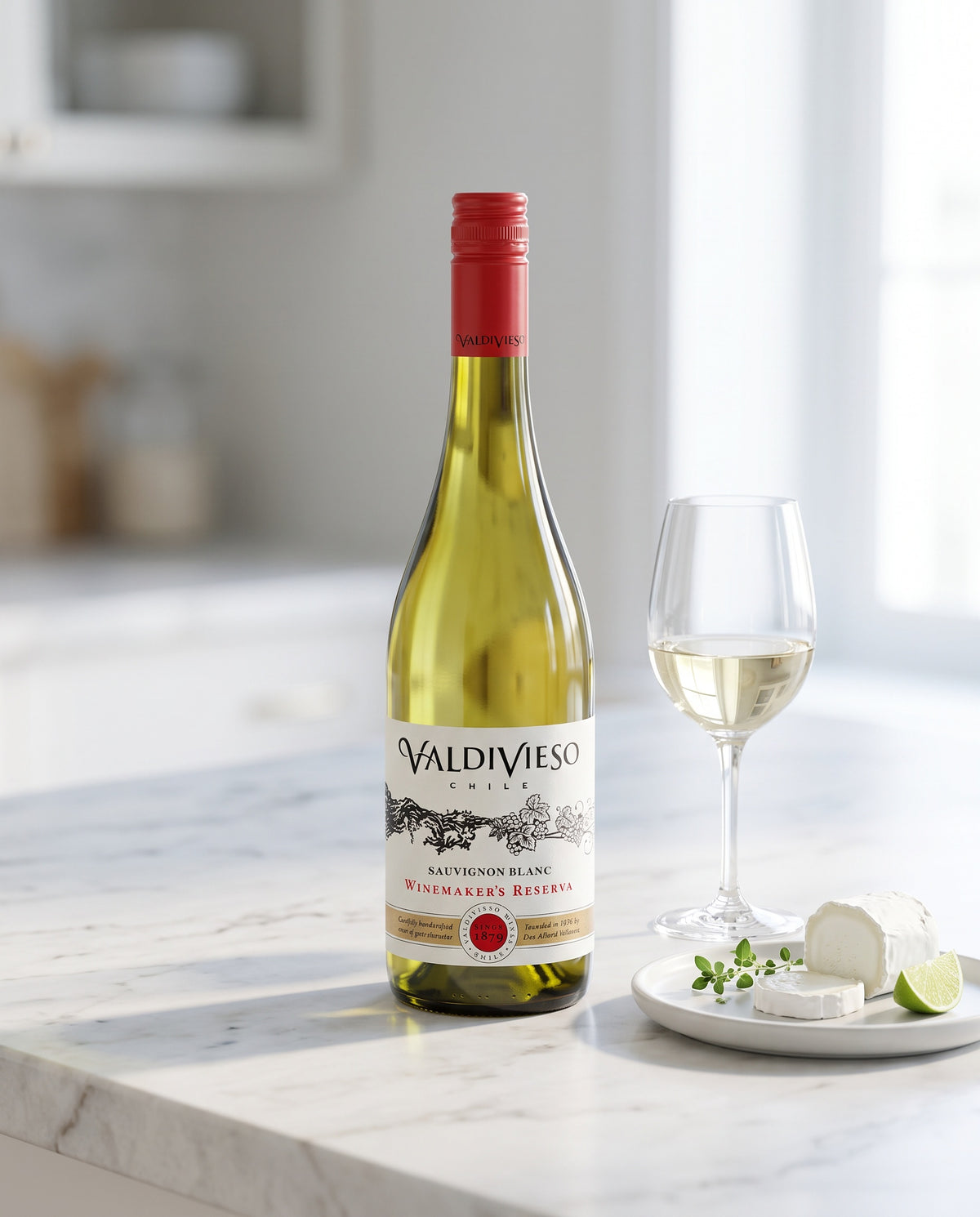 Valdivieso Winemaker's Reserve Sauvignon Blanc on a kitchen counter with goat cheese and herbs