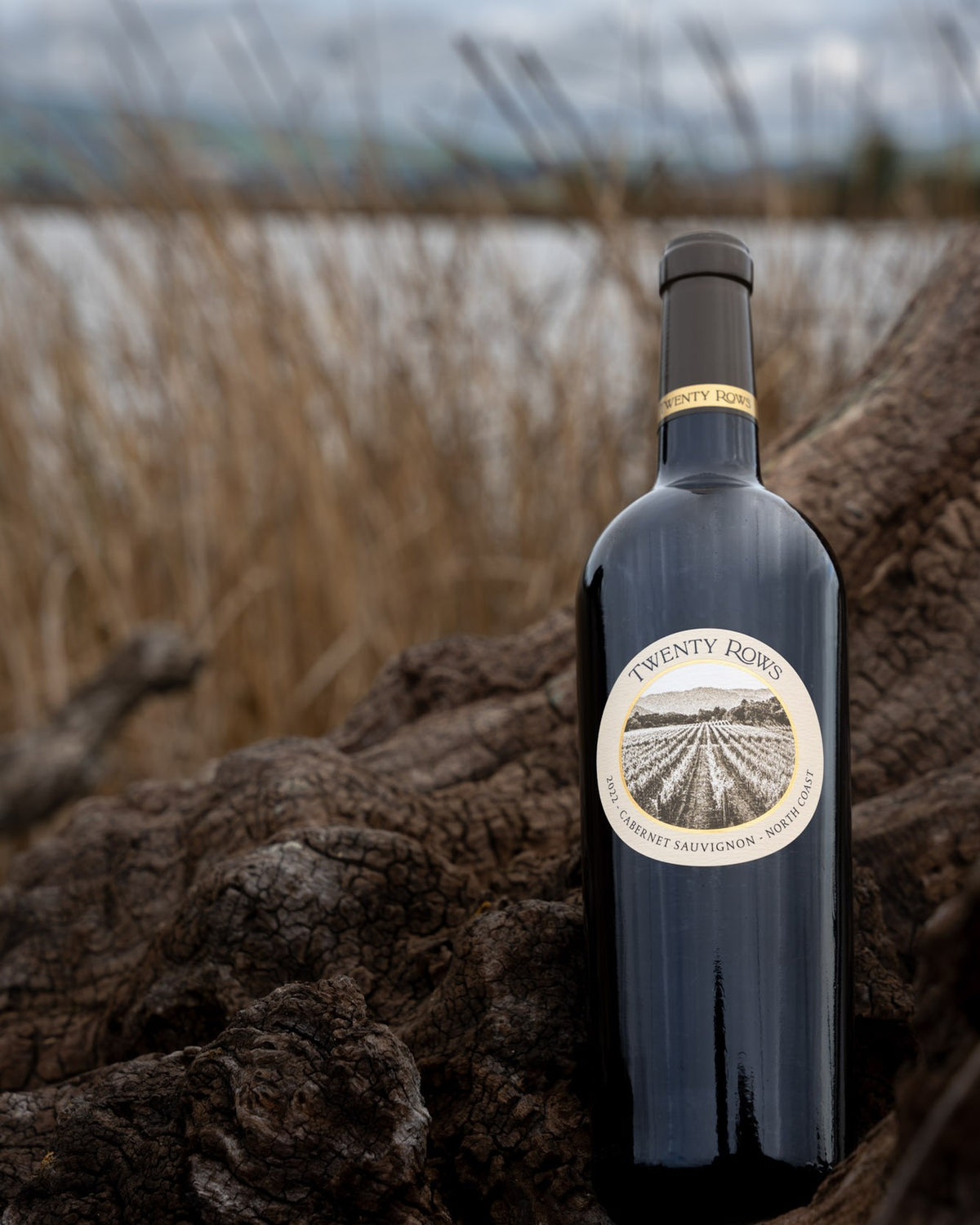 Twenty Rows North Coast Cabernet Sauvignon on driftwood by the water