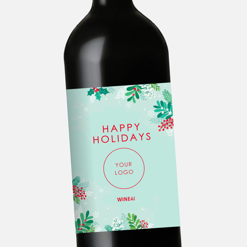 Wine bottle with a festive label reading 'Happy Holidays' on a light gray background