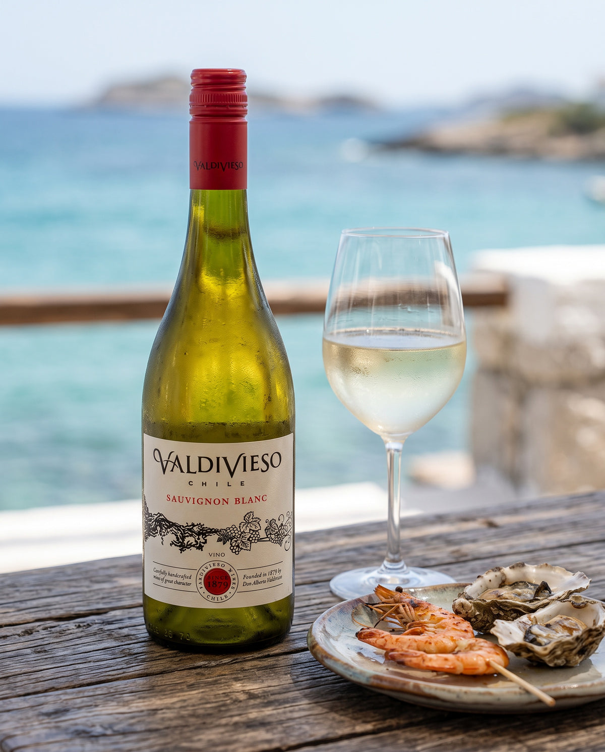 Valdivieso Clasico Sauvignon Blanc on a coastal terrace table with grilled shrimp and oysters