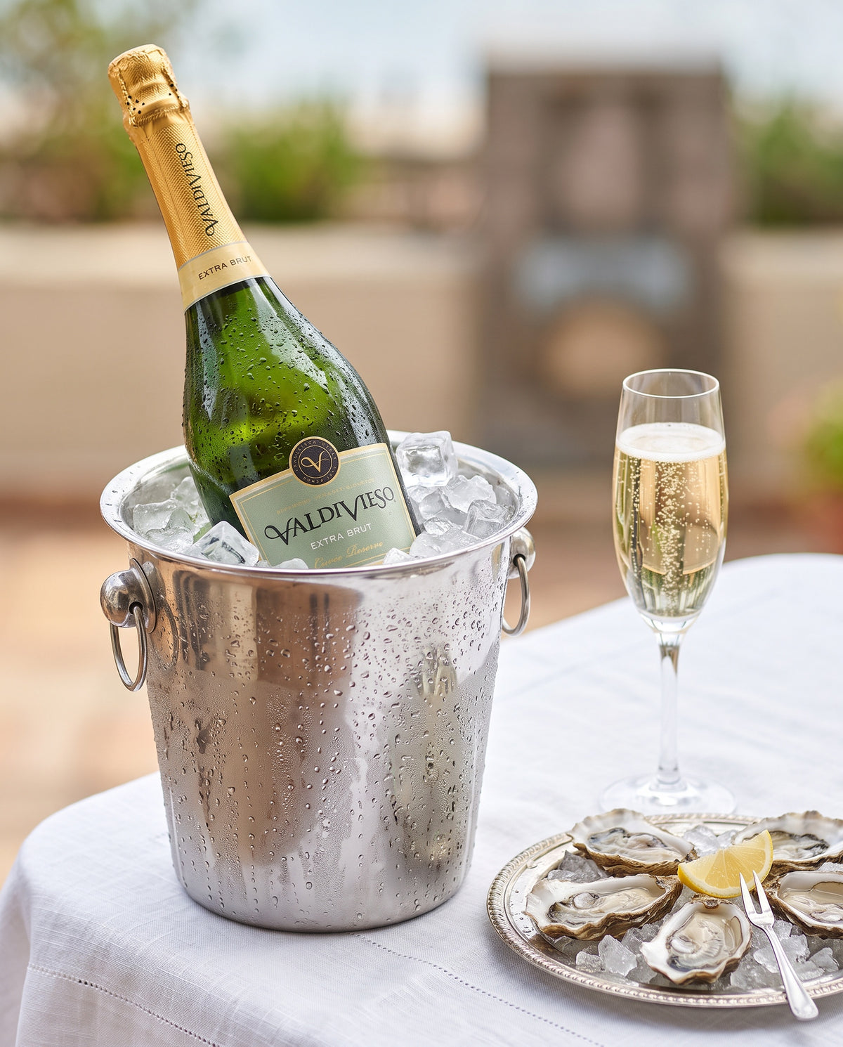 Valdivieso Extra Brut Cuvee Reserva chilling in an ice bucket with oysters